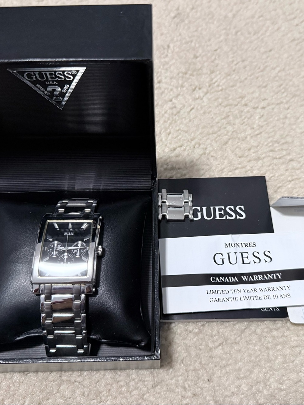 Guess Silver Stainless Steel Watch with Black Dial